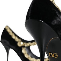 Dolce & Gabbana Black Mary Janes Velvet Gold Pumps Shoes