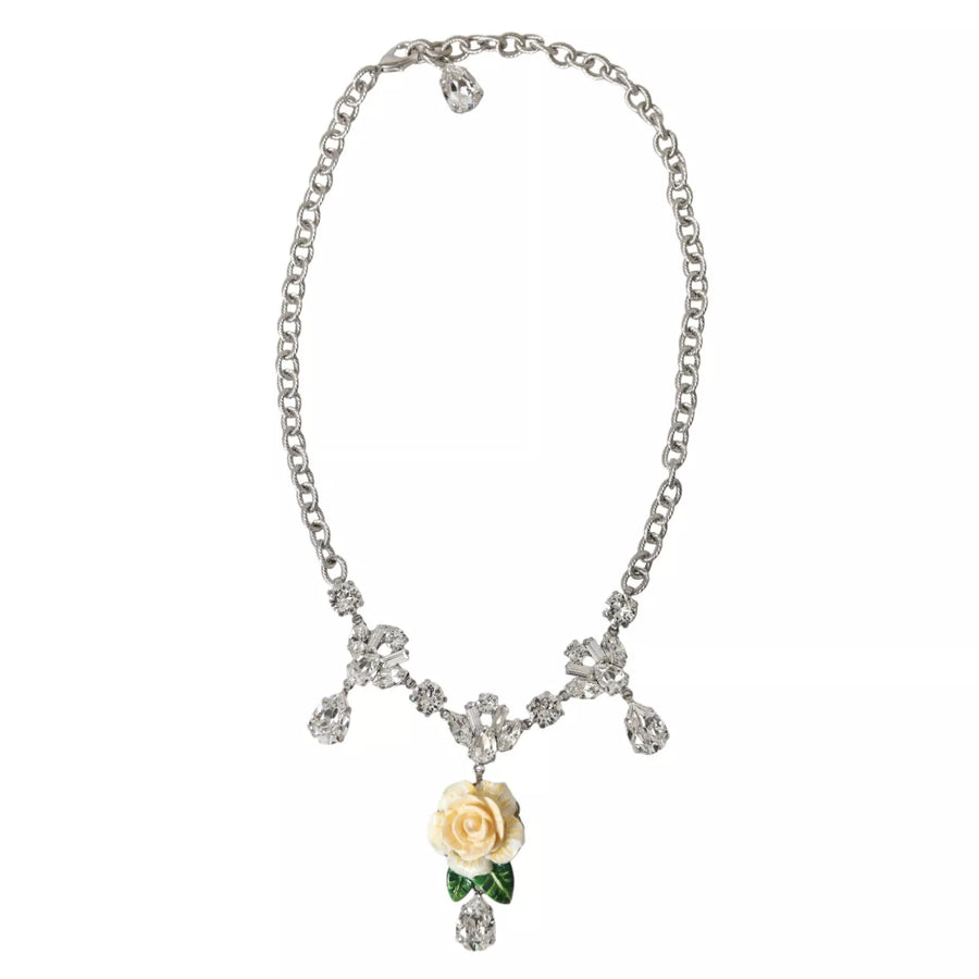 Dolce & Gabbana Silver Brass Clear Crystal Roses Pendants Necklace