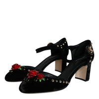 Dolce & Gabbana Black Velvet Roses Ankle Strap Pumps Shoes