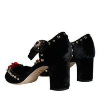 Dolce & Gabbana Black Velvet Roses Ankle Strap Pumps Shoes