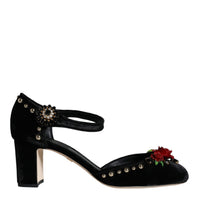 Dolce & Gabbana Black Velvet Roses Ankle Strap Pumps Shoes