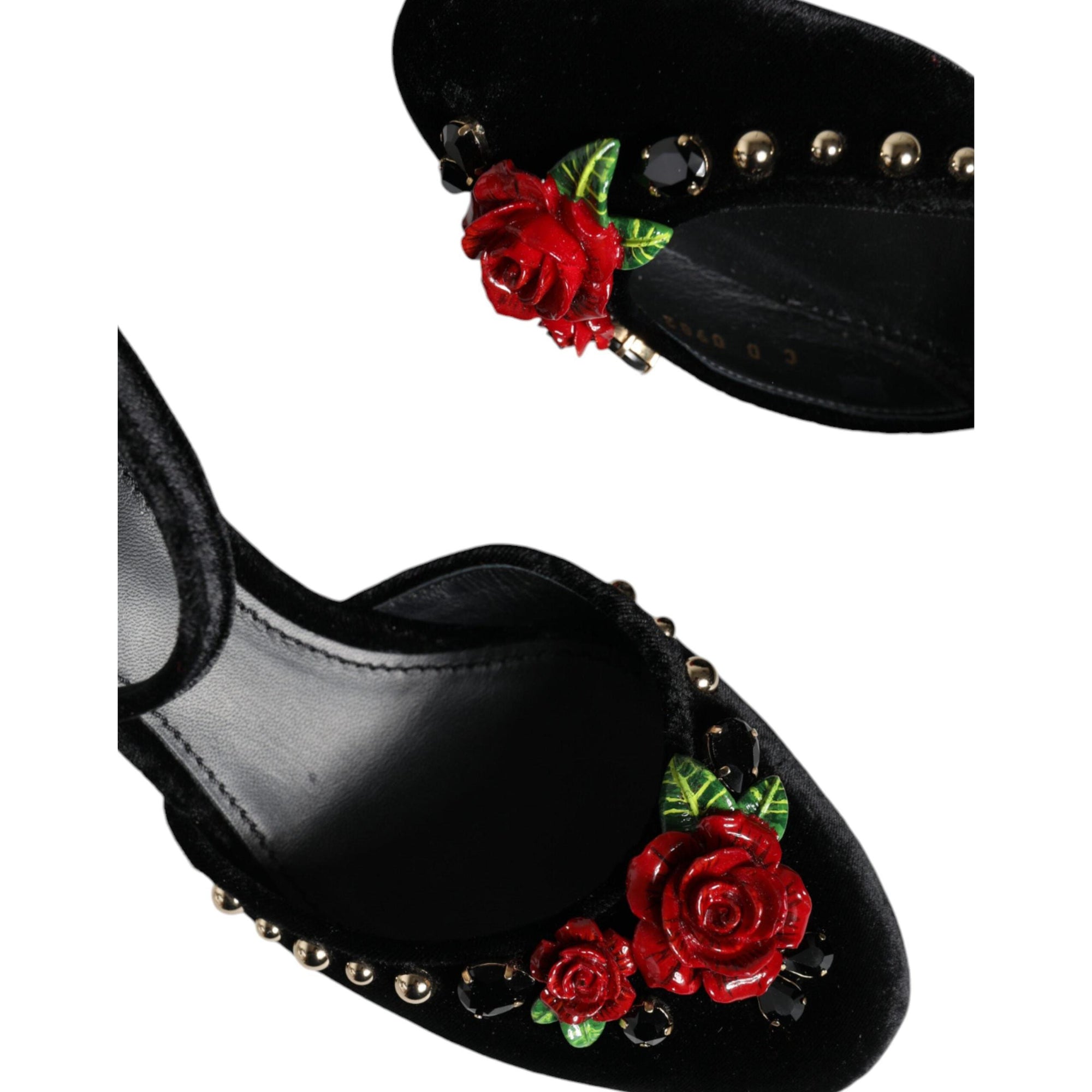 Dolce &amp; Gabbana Black Velvet Roses Ankle Strap Pumps Shoes