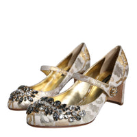 Dolce & Gabbana Gold Jacquard Crystal Mary Janes Pumps Shoes