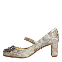 Dolce & Gabbana Gold Jacquard Crystal Mary Janes Pumps Shoes