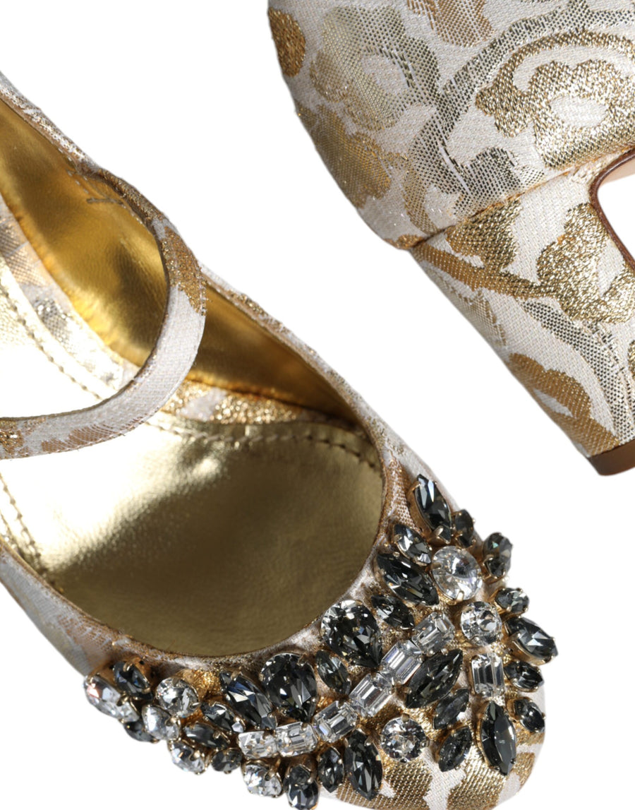 Dolce & Gabbana Gold Jacquard Crystal Mary Janes Pumps Shoes