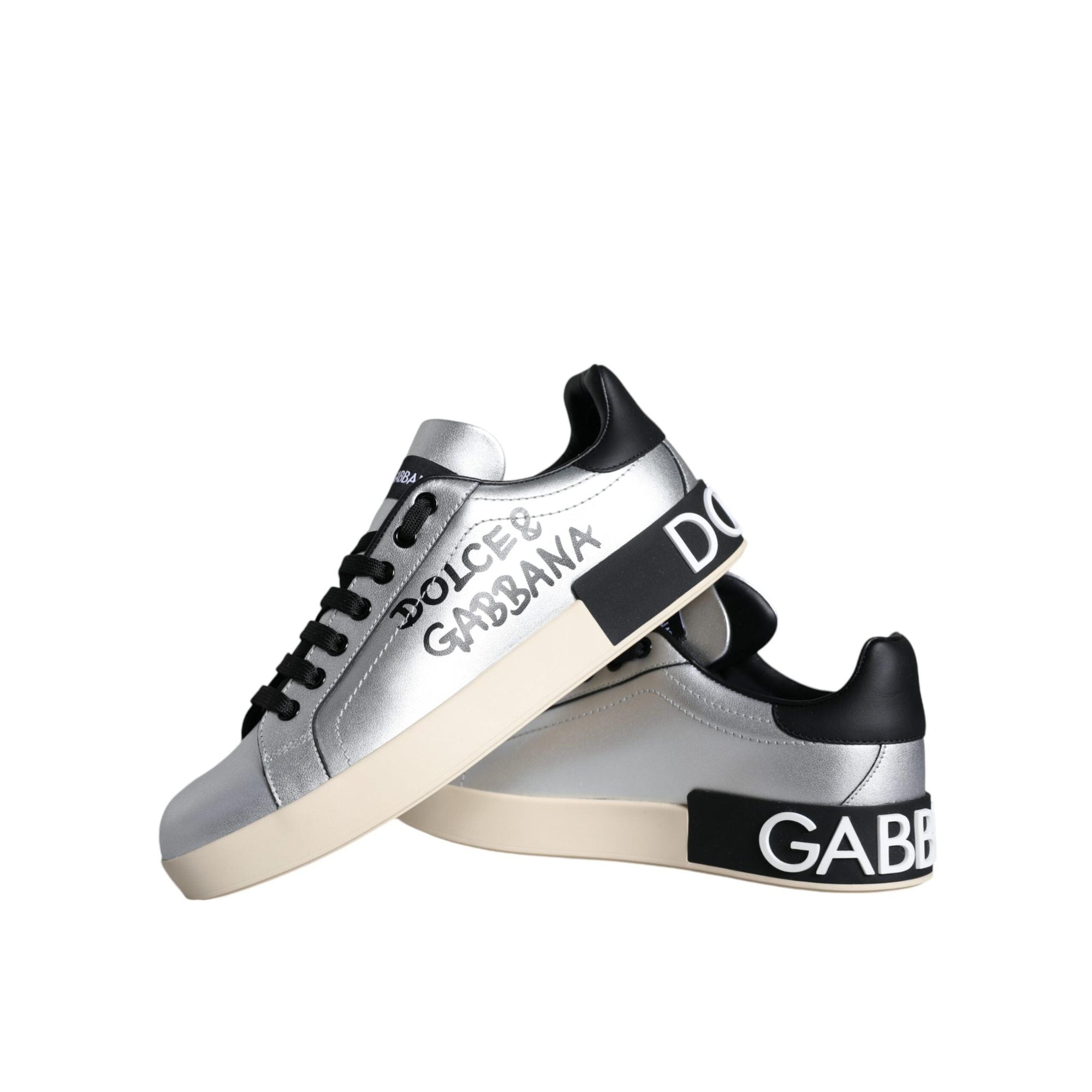 Dolce &amp; Gabbana Silver Portofino Calf Leather Sneakers Shoes