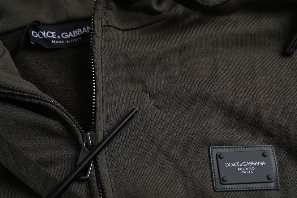 Dolce &amp; Gabbana Army Green Logo Hooded Full Zip Sweater