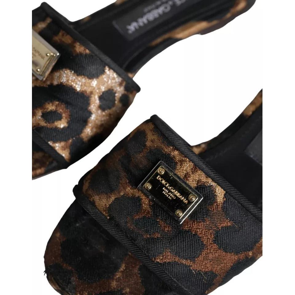 Dolce &amp; Gabbana Brown Leopard Logo Slides Flats Sandals Shoes