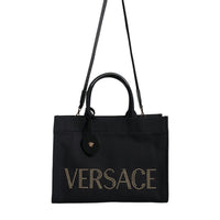 Versace Black Top Handle Canvas Leather Logo Crossbody Tote Bag