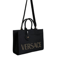 Versace Black Top Handle Canvas Leather Logo Crossbody Tote Bag