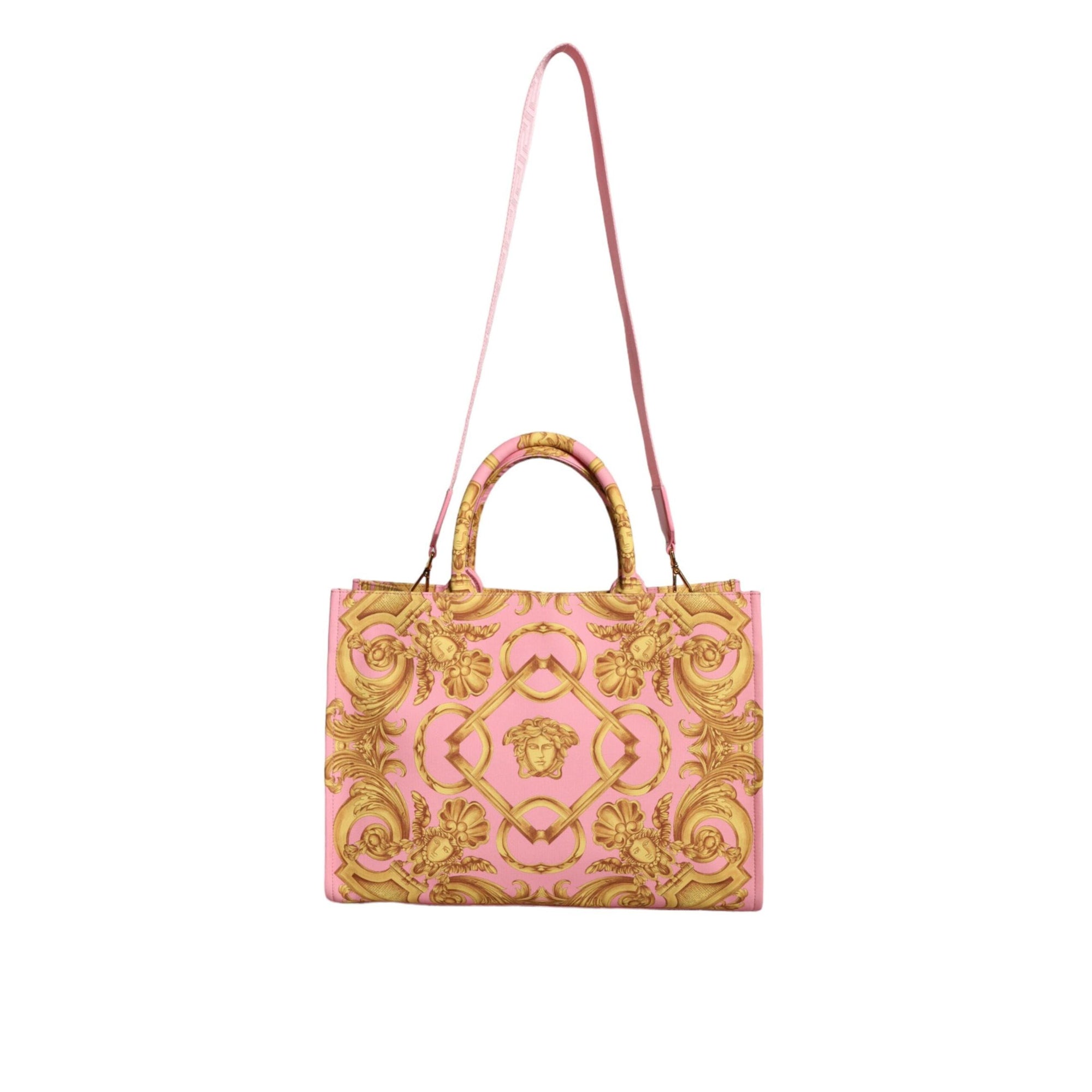 Versace Pink Printed Large Fabric Leather Shopping Tote Bag
