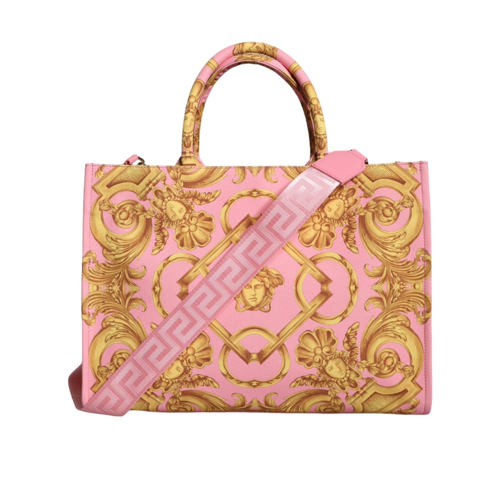 Versace Pink Printed Large Fabric Leather Shopping Tote Bag
