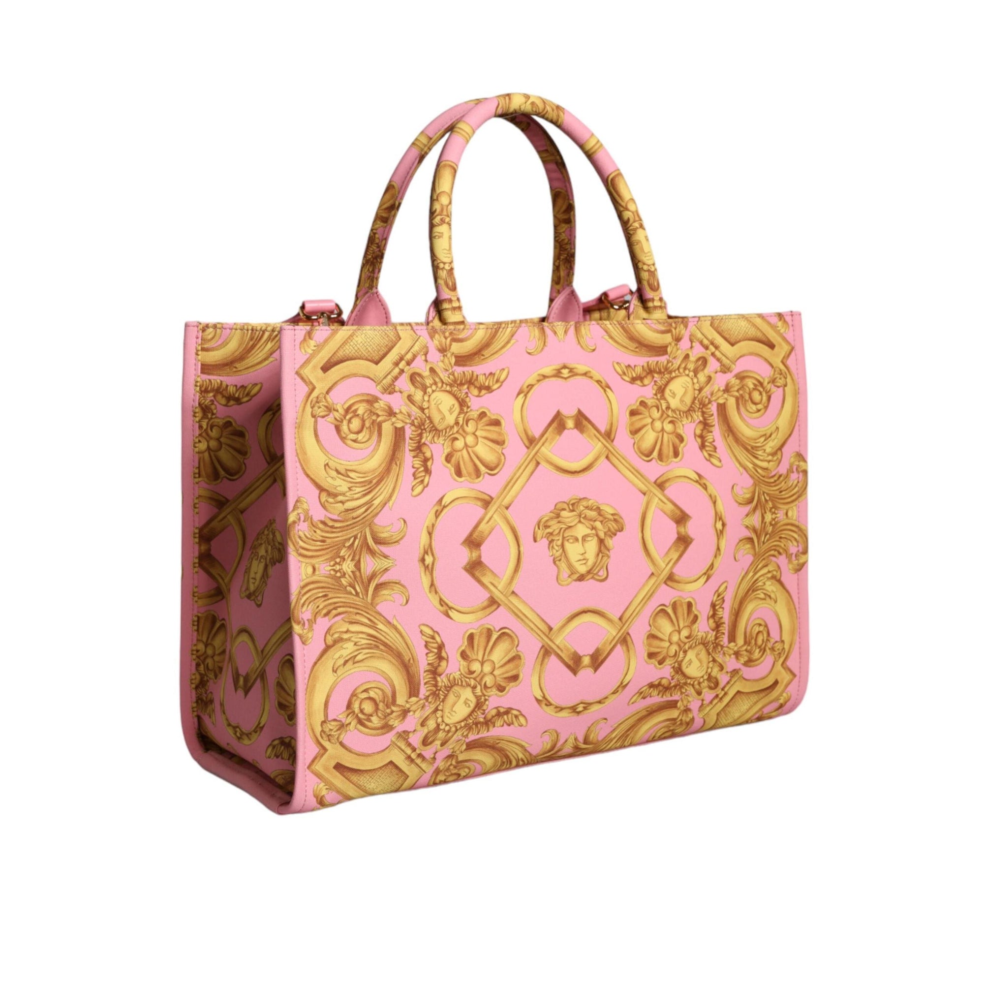 Versace Pink Printed Large Fabric Leather Shopping Tote Bag