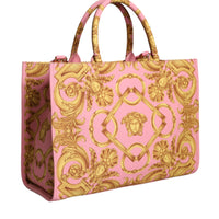 Versace Pink Printed Large Fabric Leather Shopping Tote Bag