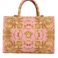 Versace Pink Printed Large Fabric Leather Shopping Tote Bag