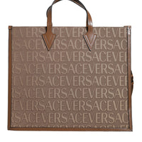 Versace Brown Top Handle Jacquard Leather Logo Crossbody Tote Bag