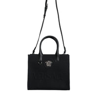 Versace Black Top Handle Canvas Leather Logo Crossbody Tote Bag