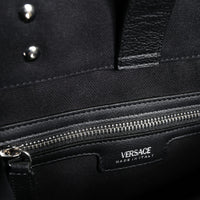 Versace Black Top Handle Canvas Leather Logo Crossbody Tote Bag