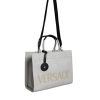 Versace White Top Handle Canvas Leather Logo Crossbody Tote Bag