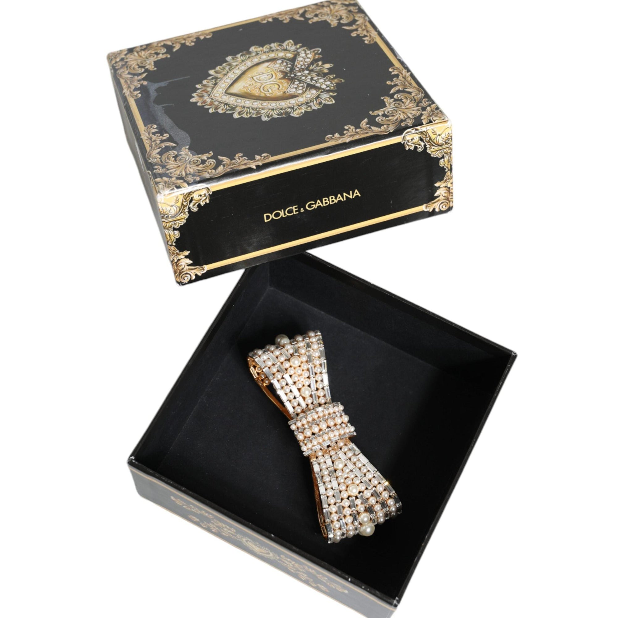 Dolce &amp; Gabbana Gold Tone Brass Bow Crystal FauxPearl Embellished Brooch