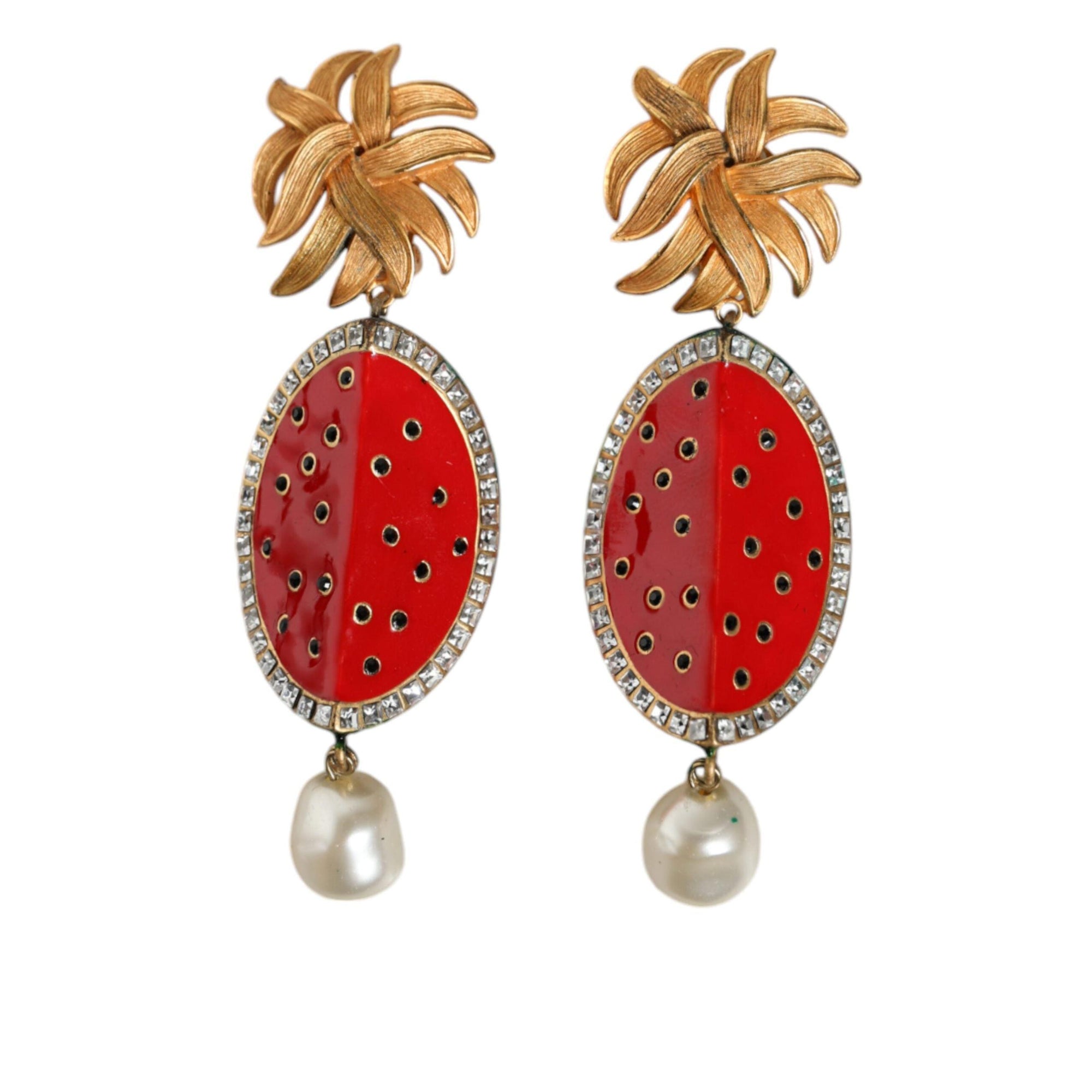 Dolce &amp; Gabbana Red Watermelon Gold Brass Crystal Clip Dangling Earrings