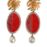 Dolce & Gabbana Red Watermelon Gold Brass Crystal Clip Dangling Earrings