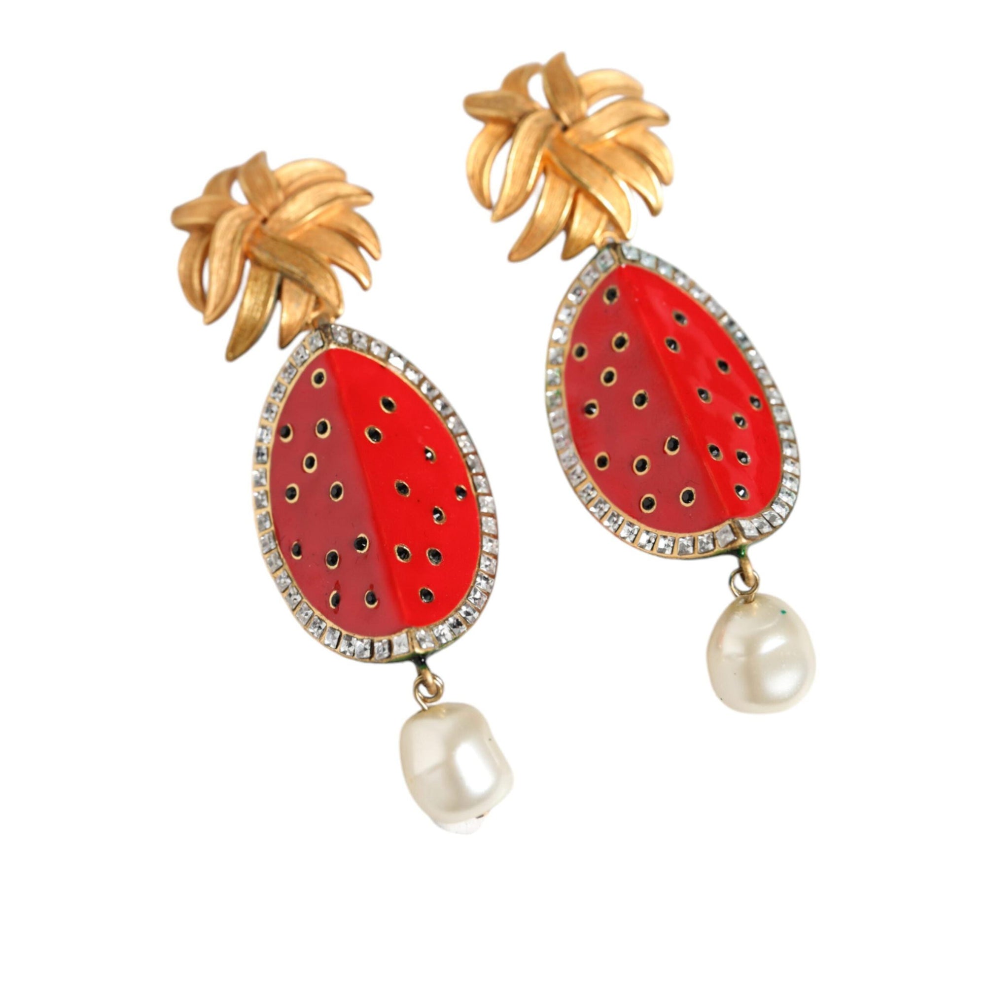 Dolce &amp; Gabbana Red Watermelon Gold Brass Crystal Clip Dangling Earrings