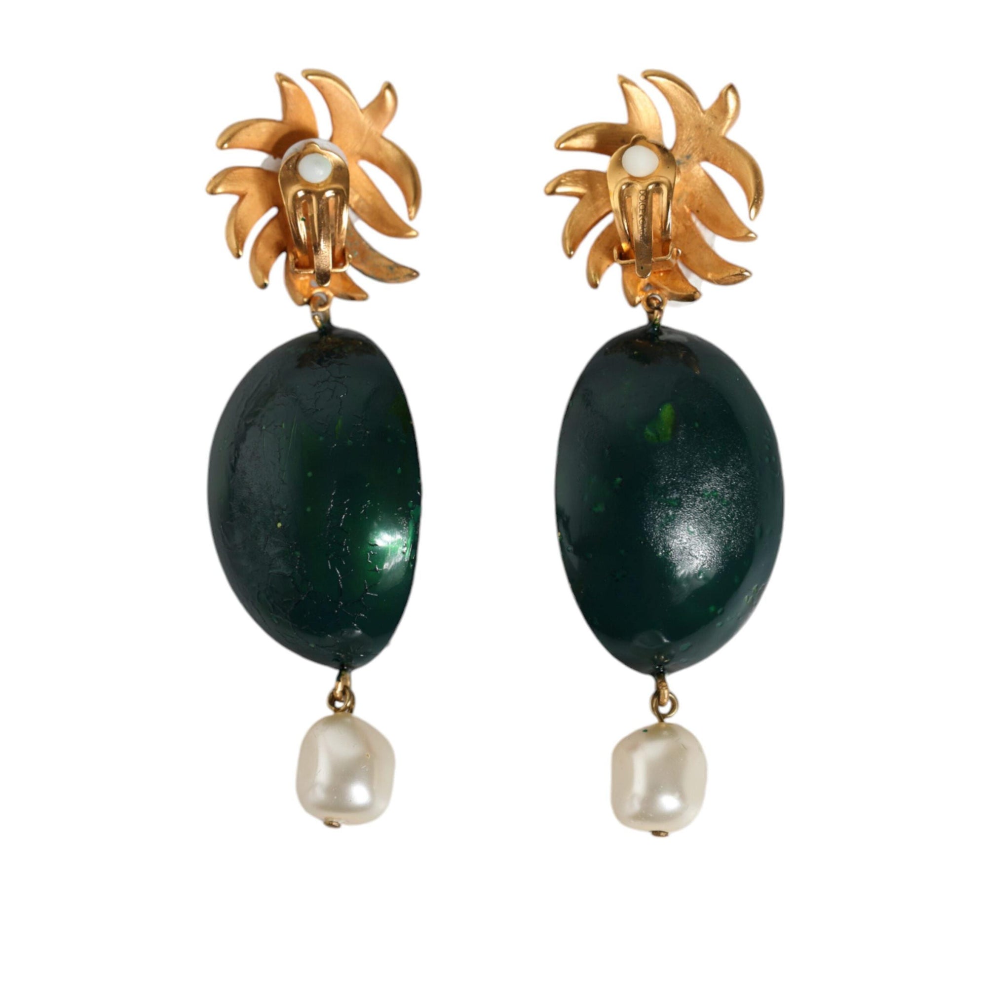 Dolce &amp; Gabbana Red Watermelon Gold Brass Crystal Clip Dangling Earrings