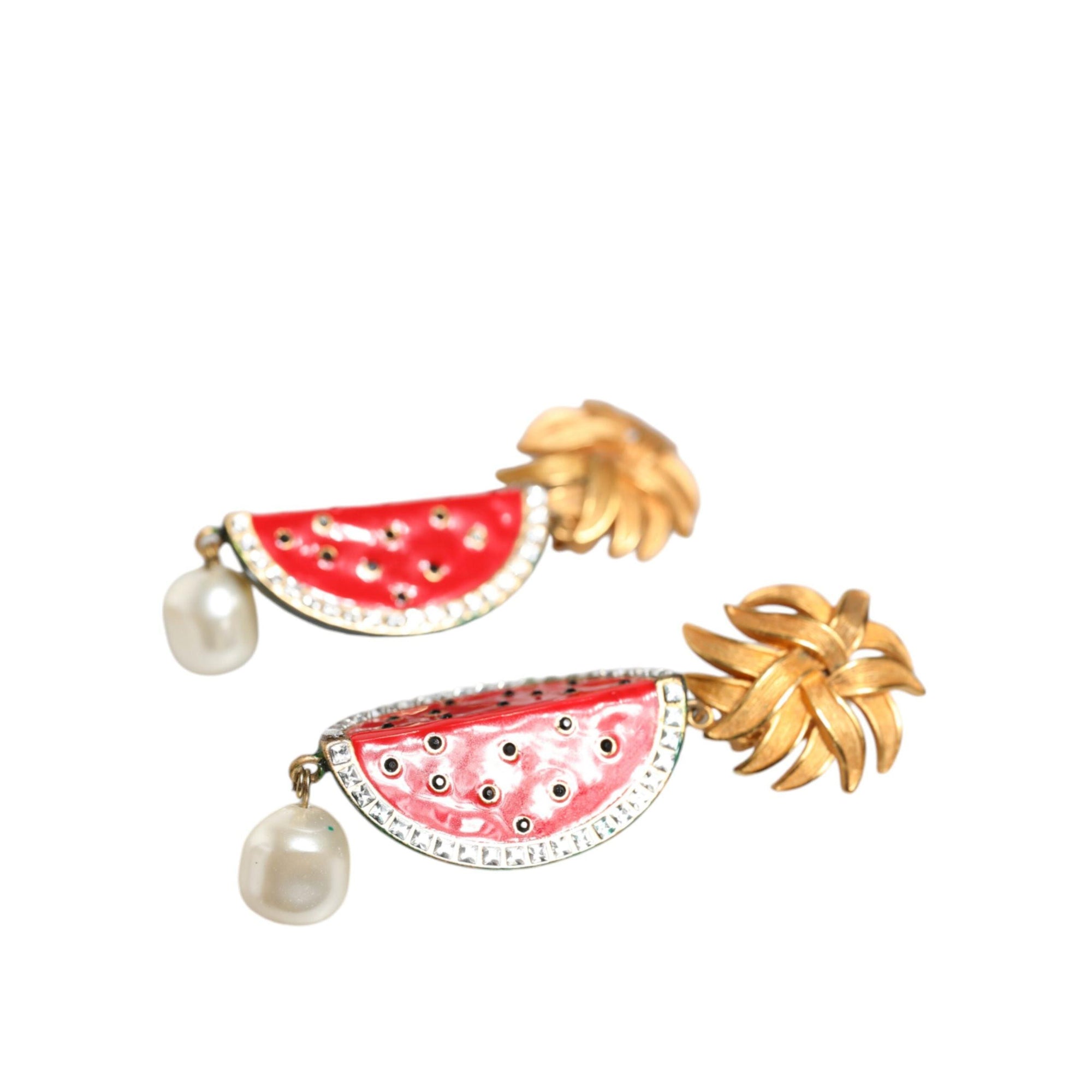 Dolce &amp; Gabbana Red Watermelon Gold Brass Crystal Clip Dangling Earrings