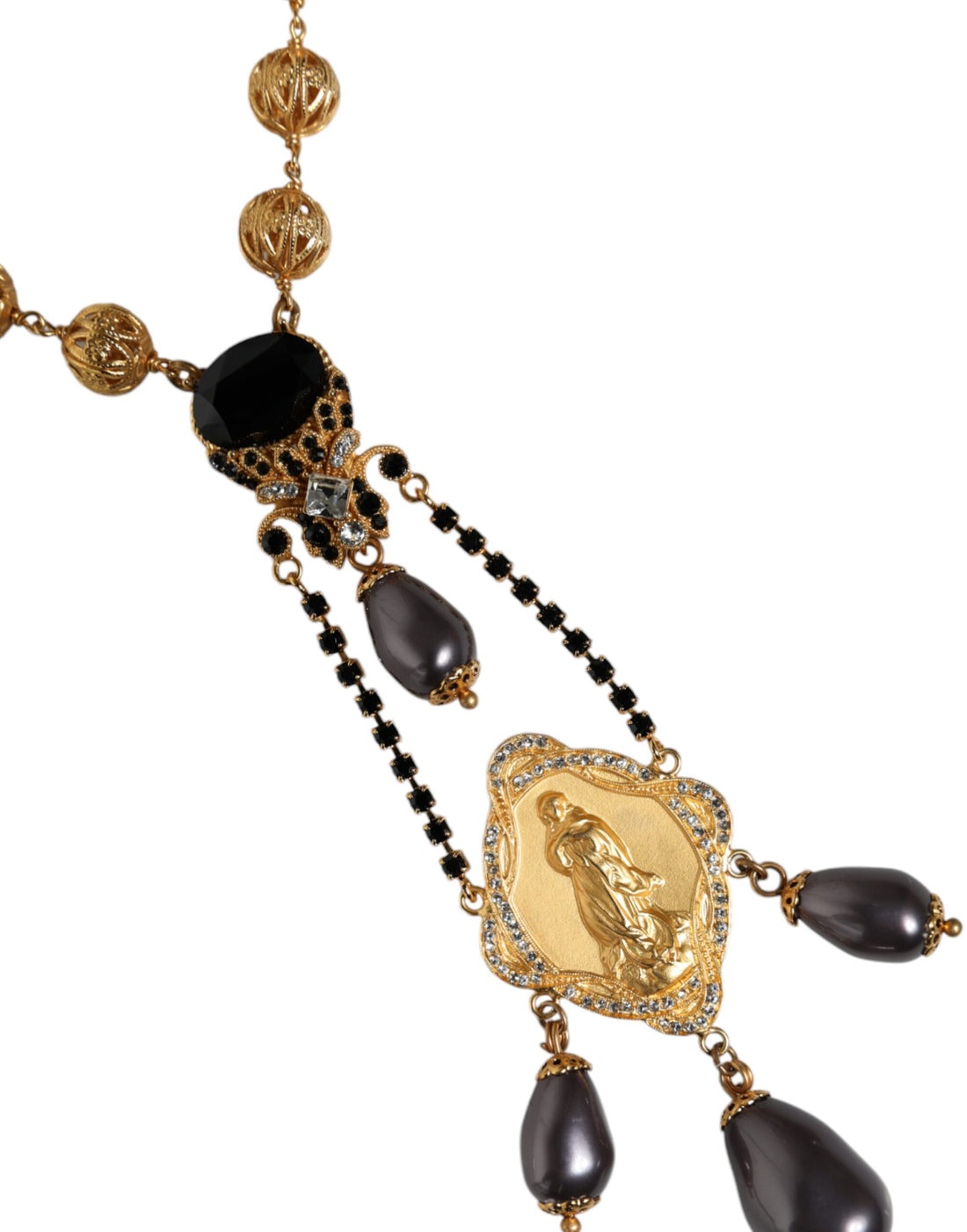 Dolce & Gabbana Gold Chain Brass Black Beaded Rosary Style Necklace