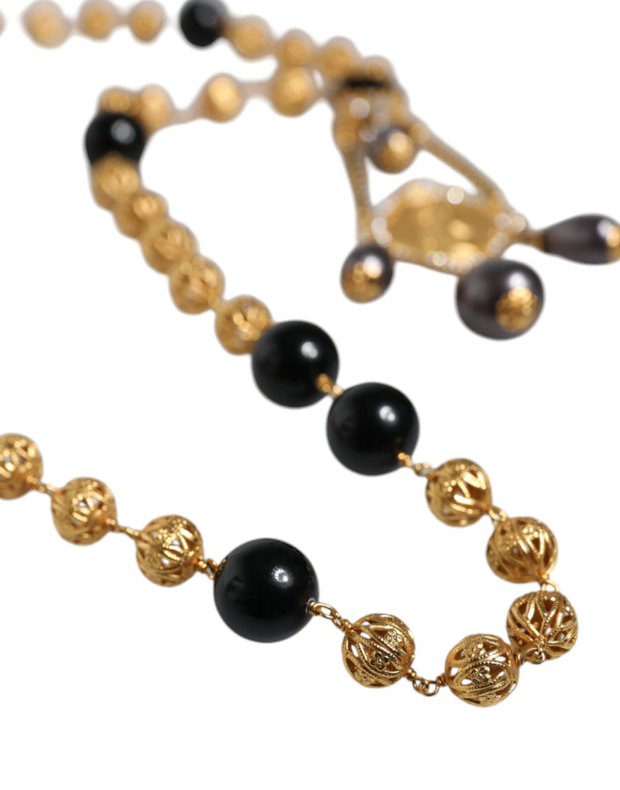 Dolce & Gabbana Gold Chain Brass Black Beaded Rosary Style Necklace