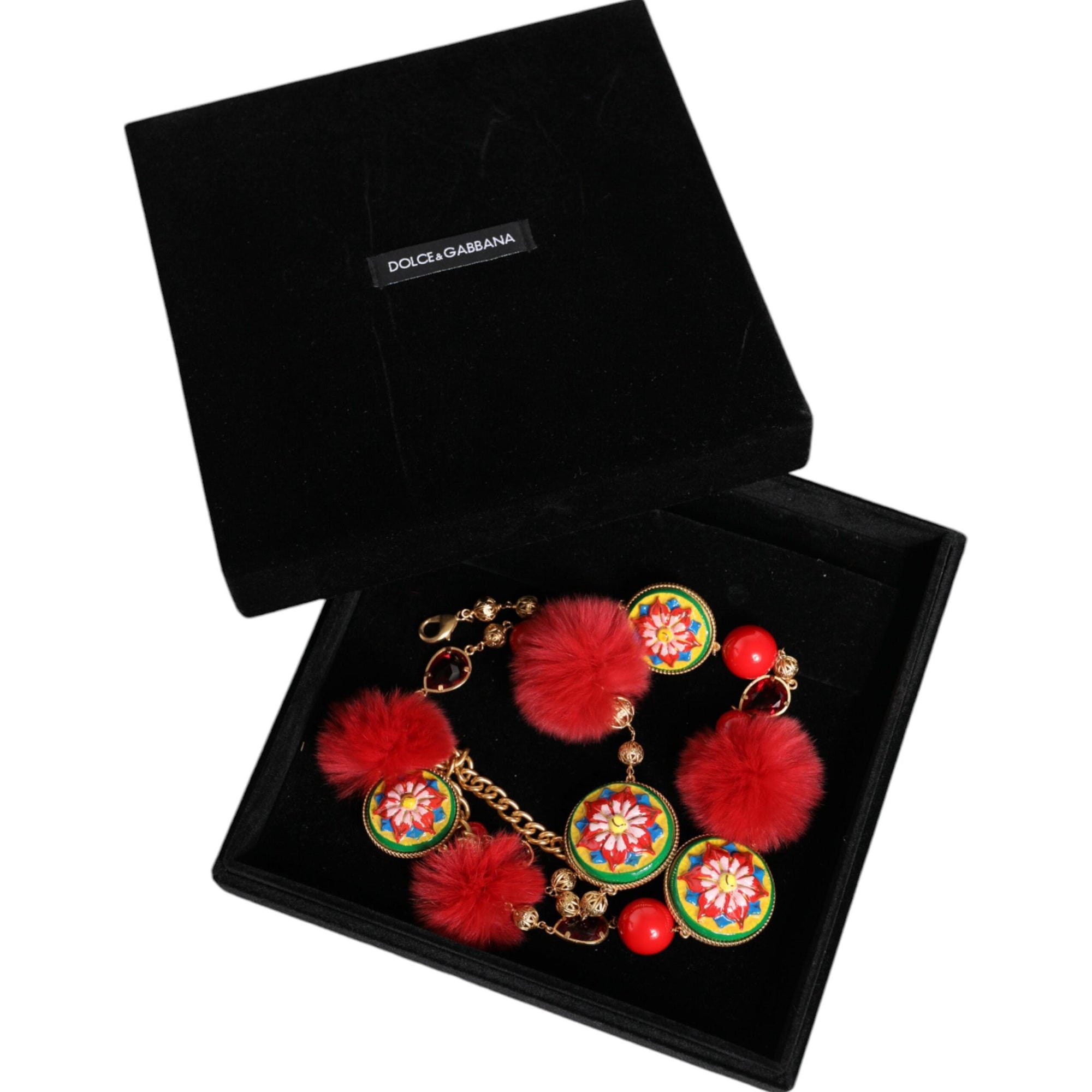 Dolce &amp; Gabbana Gold Brass Red Fur Crystal Waist Torero Belt