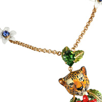 Dolce & Gabbana Gold Brass Leopard Flower Embellished Statement Necklace