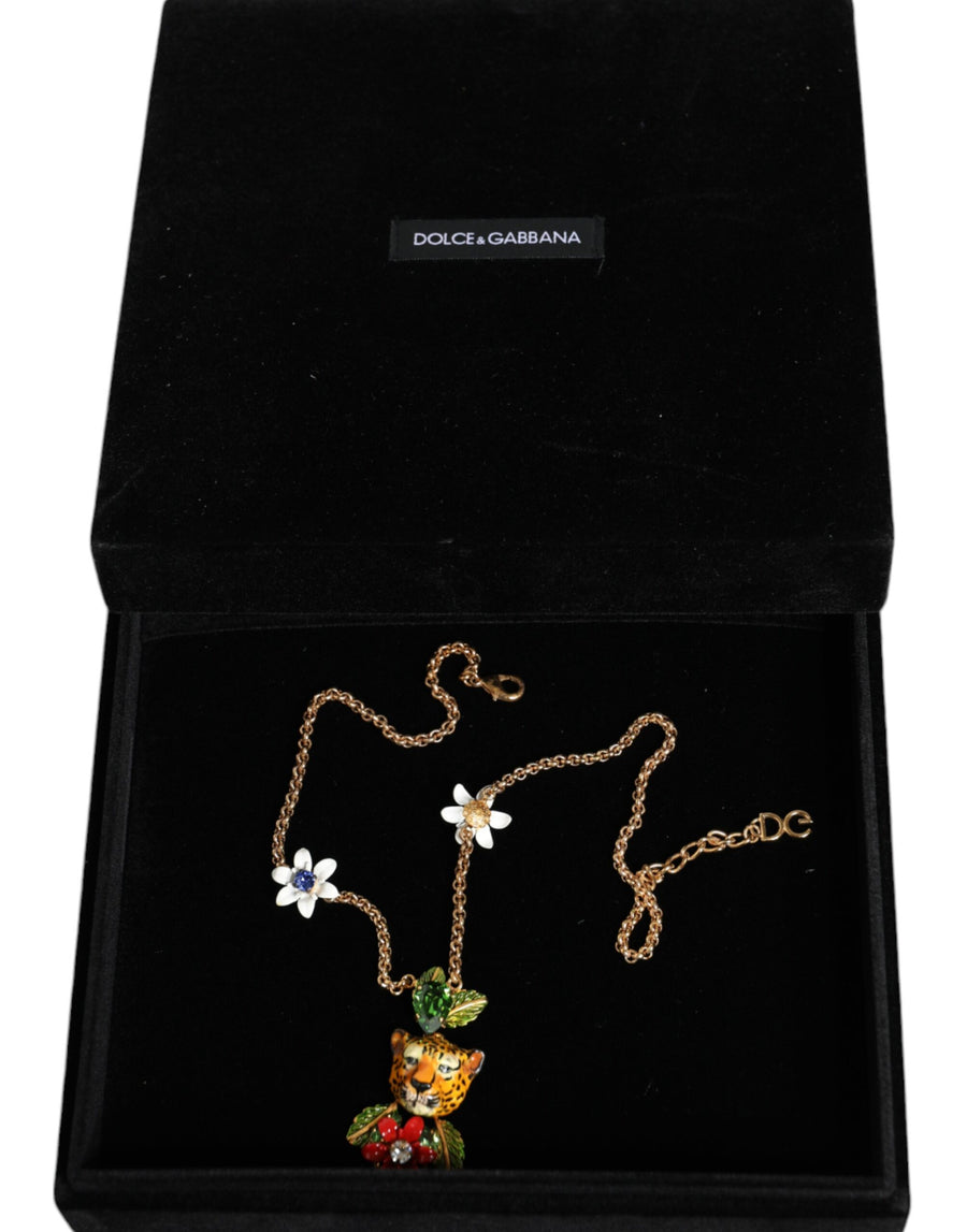 Dolce & Gabbana Gold Brass Leopard Flower Embellished Statement Necklace