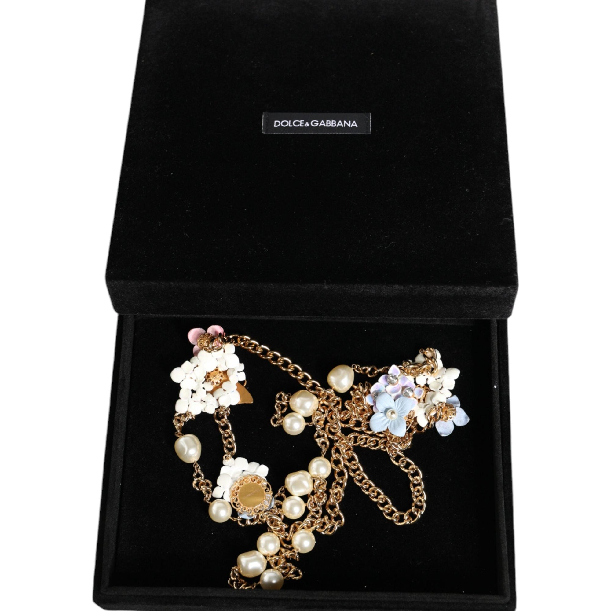 Dolce &amp; Gabbana Gold Chain Brass Floral Layered Crystal Pearl Necklace