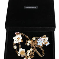 Dolce & Gabbana Gold Chain Brass Floral Layered Crystal Pearl Necklace