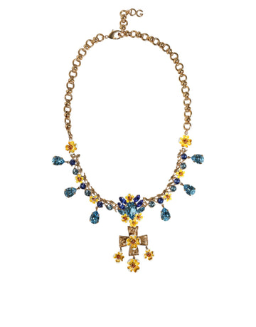 Dolce & Gabbana Gold Brass Chain Floral Crystal Cross Pendant Necklace