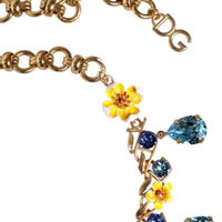 Dolce & Gabbana Gold Brass Chain Floral Crystal Cross Pendant Necklace