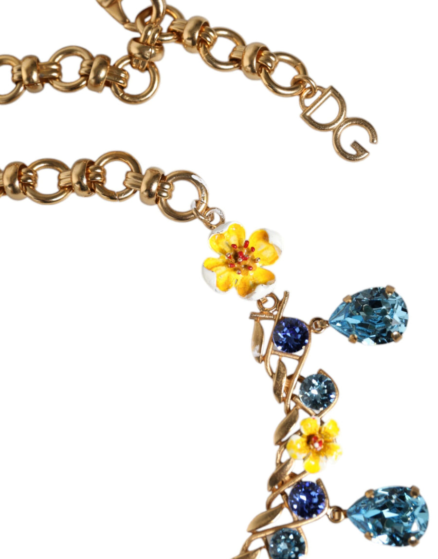 Dolce & Gabbana Gold Brass Chain Floral Crystal Cross Pendant Necklace