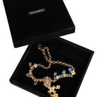 Dolce & Gabbana Gold Brass Chain Floral Crystal Cross Pendant Necklace