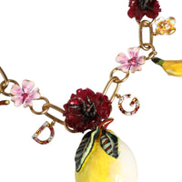 Dolce & Gabbana Gold Brass FRUIT Pendants Flowers Crystal Logo Necklace