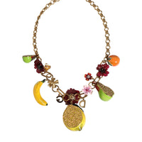 Dolce & Gabbana Gold Brass FRUIT Pendants Flowers Crystal Logo Necklace