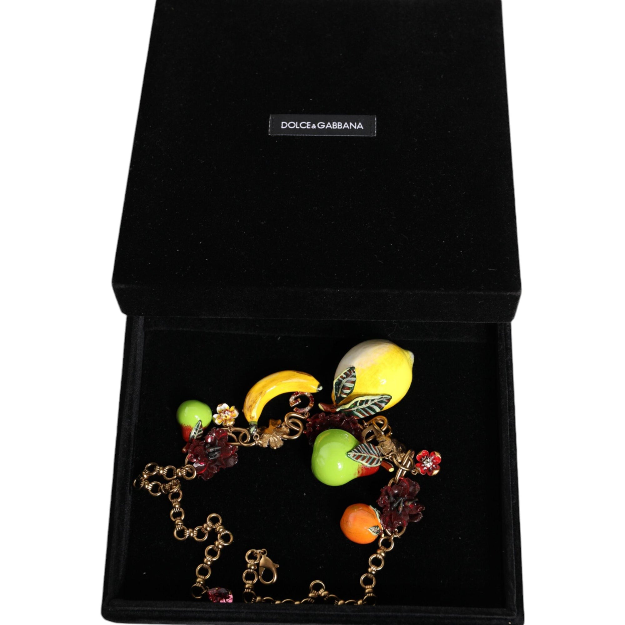 Dolce &amp; Gabbana Gold Brass FRUIT Pendants Flowers Crystal Logo Necklace