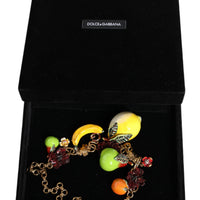 Dolce & Gabbana Gold Brass FRUIT Pendants Flowers Crystal Logo Necklace