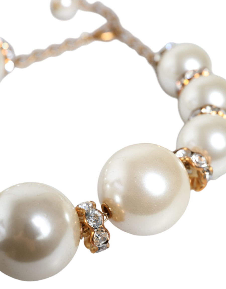 Dolce & Gabbana White Maxi Faux Pearl Beads Crystals Gold Chain Necklace