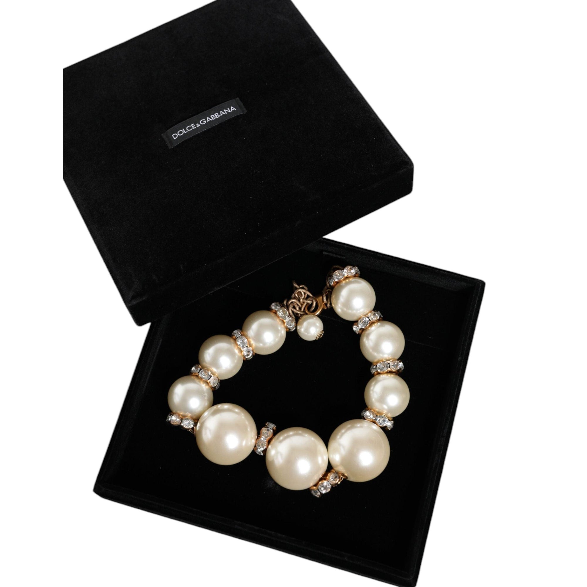 Dolce &amp; Gabbana White Maxi Faux Pearl Beads Crystals Gold Chain Necklace