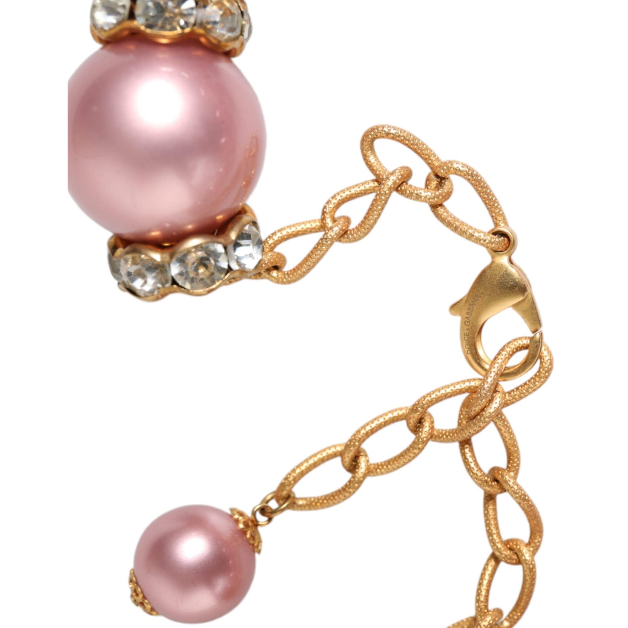 Dolce &amp; Gabbana Pink Maxi Faux Pearl Beads Crystals Gold Chain Necklace