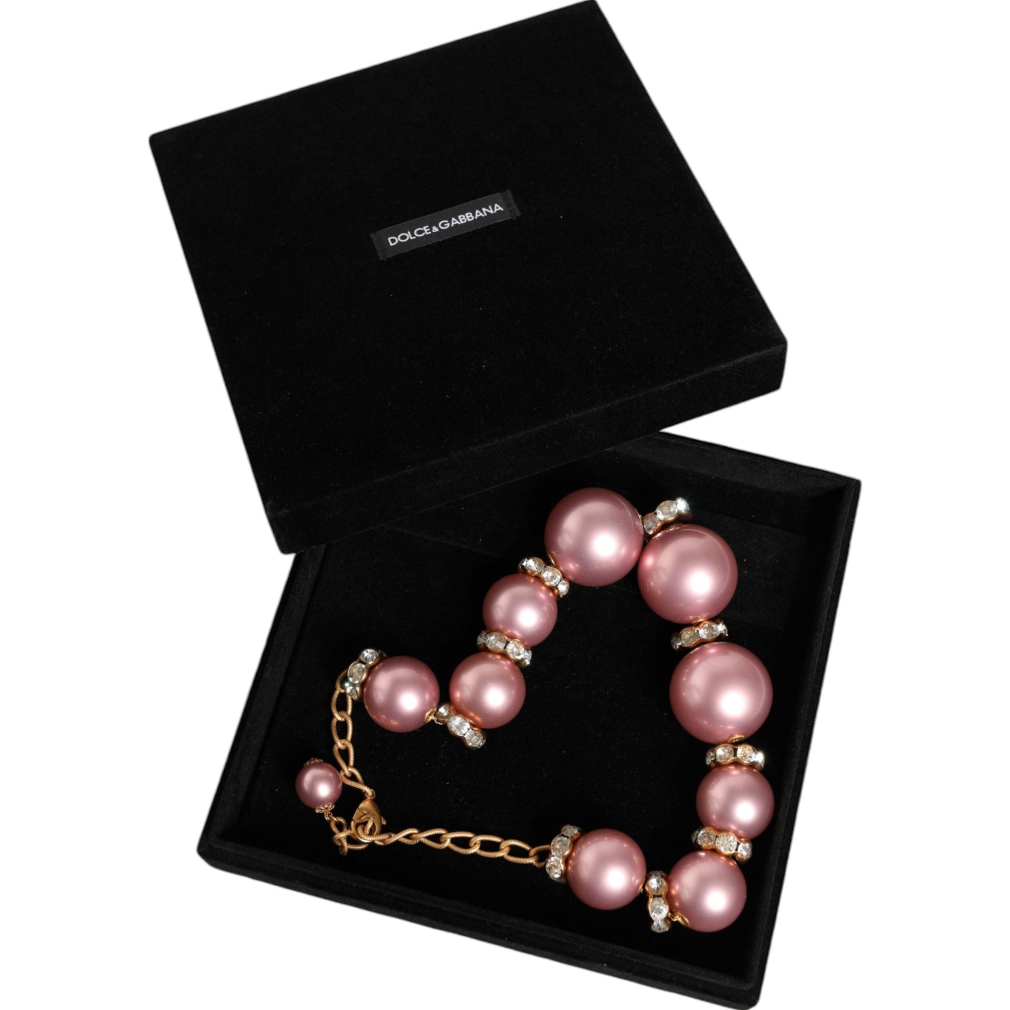 Dolce &amp; Gabbana Pink Maxi Faux Pearl Beads Crystals Gold Chain Necklace