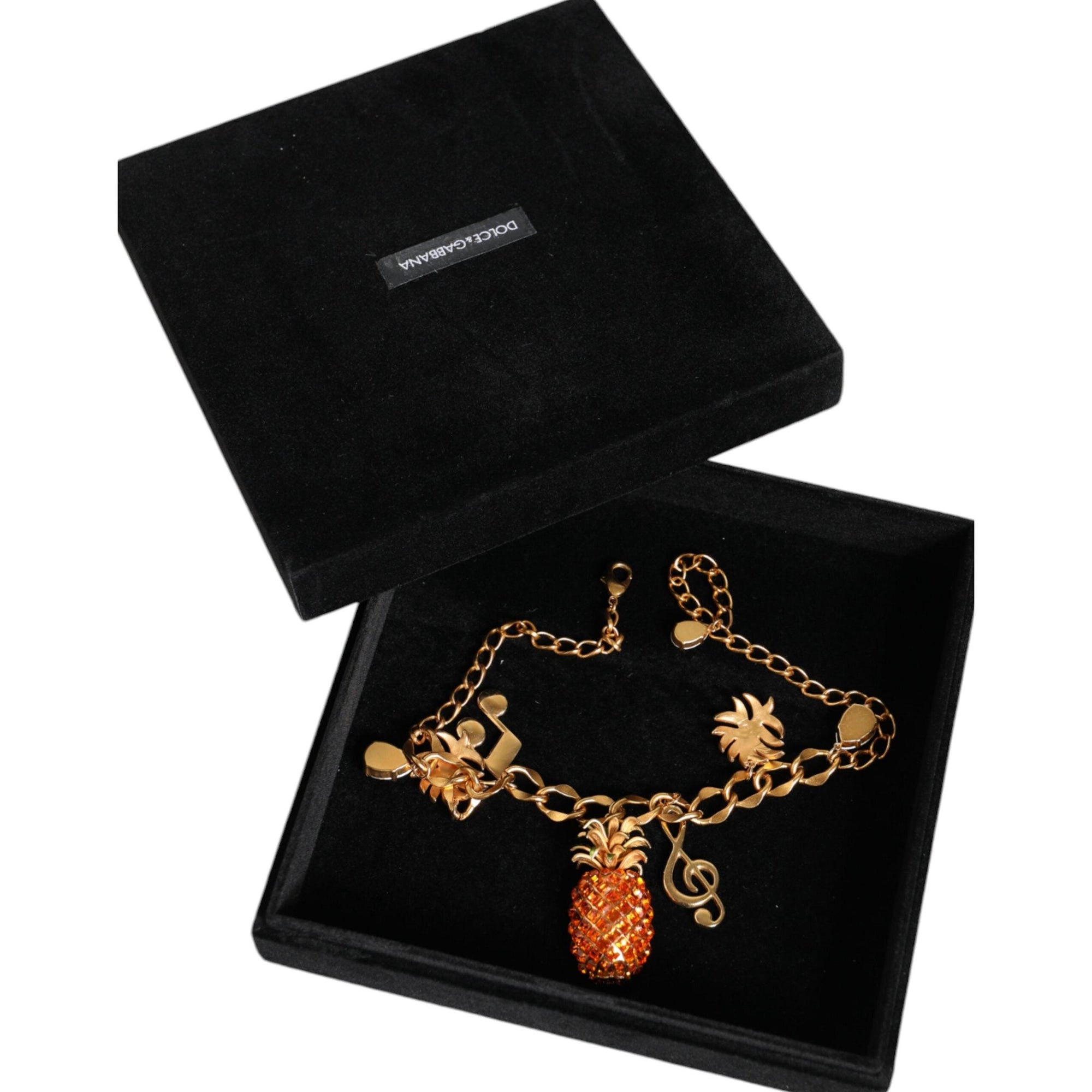 Dolce &amp; Gabbana Gold Tone Brass Chain Pineapple Crystal Musical Necklace