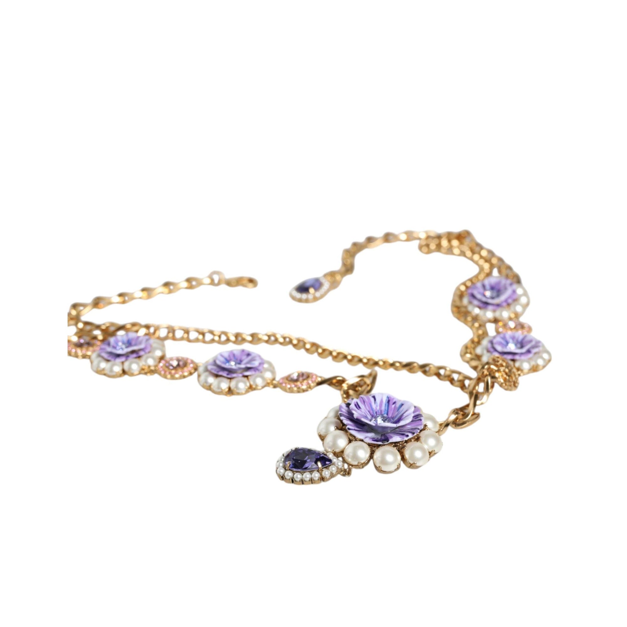 Dolce &amp; Gabbana Gold Tone Floral Crystals Embellished Layered Necklace